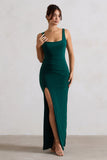 Kate Bottle Green Square Neck Maxi Dress with Plunge Back and Side Thigh Split