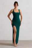 Kate Bottle Green Square Neck Maxi Dress with Plunge Back and Side Thigh Split