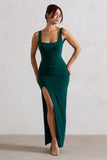 Kate Bottle Green Square Neck Maxi Dress with Plunge Back and Side Thigh Split