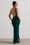 Kate Bottle Green Square Neck Maxi Dress with Plunge Back and Side Thigh Split