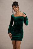 Muse Bottle Green Velvet Long Sleeve Square Neck Ruched Mini Dress