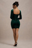 Muse Bottle Green Velvet Long Sleeve Square Neck Ruched Mini Dress