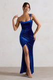 Jessica Cobalt Velvet One Shoulder Corset Style Wrap Maxi Dress