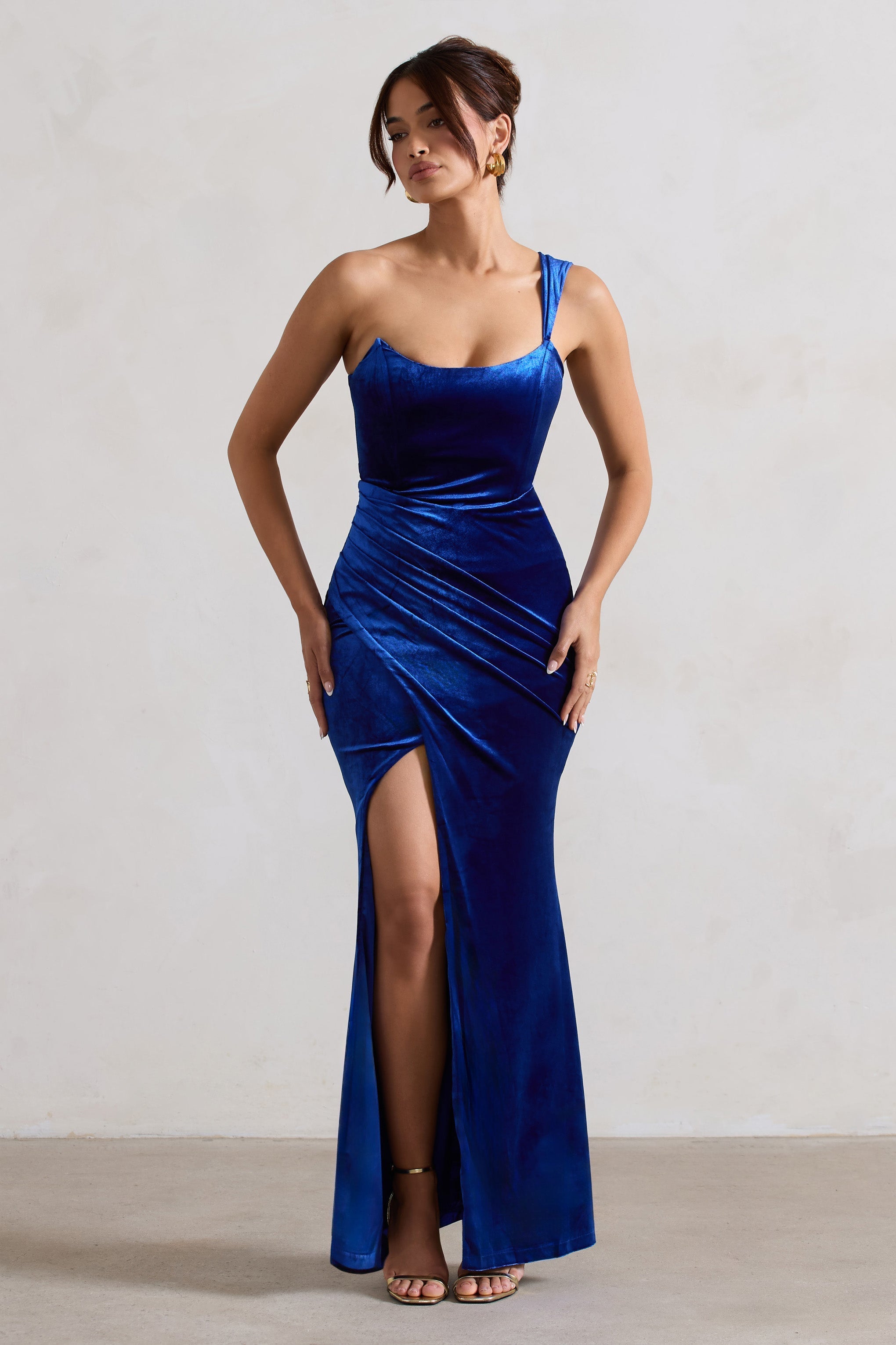 Jessica Cobalt Velvet One Shoulder Corset Style Wrap Maxi Dress