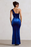 Jessica Cobalt Velvet One Shoulder Corset Style Wrap Maxi Dress