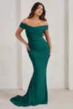 Apolline Bottle Green Off The Shoulder Ruched Fishtail Maxi Dress