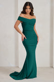 Apolline Bottle Green Off The Shoulder Ruched Fishtail Maxi Dress