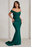 Apolline Bottle Green Off The Shoulder Ruched Fishtail Maxi Dress