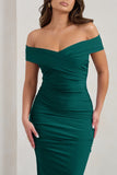 Apolline Bottle Green Off The Shoulder Ruched Fishtail Maxi Dress