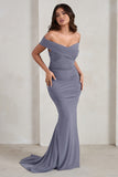Apolline Grey Off The Shoulder Ruched Fishtail Maxi Dress