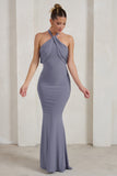 Genevieve Grey Twist High Neck Drape Detail Maxi Dress