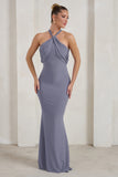 Genevieve Grey Twist High Neck Drape Detail Maxi Dress