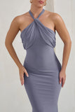Genevieve Grey Twist High Neck Drape Detail Maxi Dress