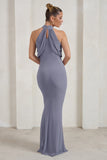 Genevieve Grey Twist High Neck Drape Detail Maxi Dress