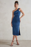 Steffie Navy Asymmetric Satin Midi Dress