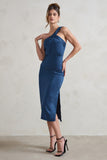 Steffie Navy Asymmetric Satin Midi Dress