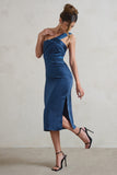 Steffie Navy Asymmetric Satin Midi Dress