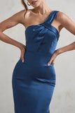 Steffie Navy Asymmetric Satin Midi Dress