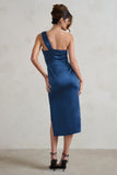 Steffie Navy Asymmetric Satin Midi Dress