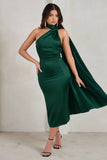 Madame Bottle Green Satin Asymmetric Scarf Neck Backless Midi Dress