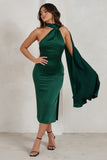 Madame Bottle Green Satin Asymmetric Scarf Neck Backless Midi Dress