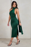 Madame Bottle Green Satin Asymmetric Scarf Neck Backless Midi Dress