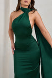 Madame Bottle Green Satin Asymmetric Scarf Neck Backless Midi Dress