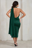 Madame Bottle Green Satin Asymmetric Scarf Neck Backless Midi Dress