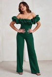 Esmie Bottle Green Structured Statement Bardot Wide Leg Jumpsuit