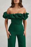Esmie Bottle Green Structured Statement Bardot Wide Leg Jumpsuit