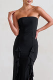 Susan Black Bandeau Maxi Dress With Ruffled Splits
