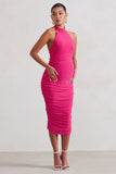 Chrissy Hot Pink Maternity Halterneck Ruched Midi Dress