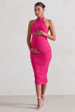 Chrissy Hot Pink Maternity Halterneck Ruched Midi Dress