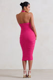 Chrissy Hot Pink Maternity Halterneck Ruched Midi Dress