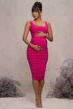 Lisbon Hot Pink Maternity Square Neck Ruched Midi Dress