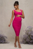 Lisbon Hot Pink Maternity Square Neck Ruched Midi Dress