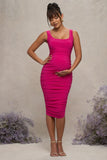 Lisbon Hot Pink Maternity Square Neck Ruched Midi Dress