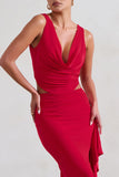 La Belle Red Ruffle Maxi Skirt With Thigh Split