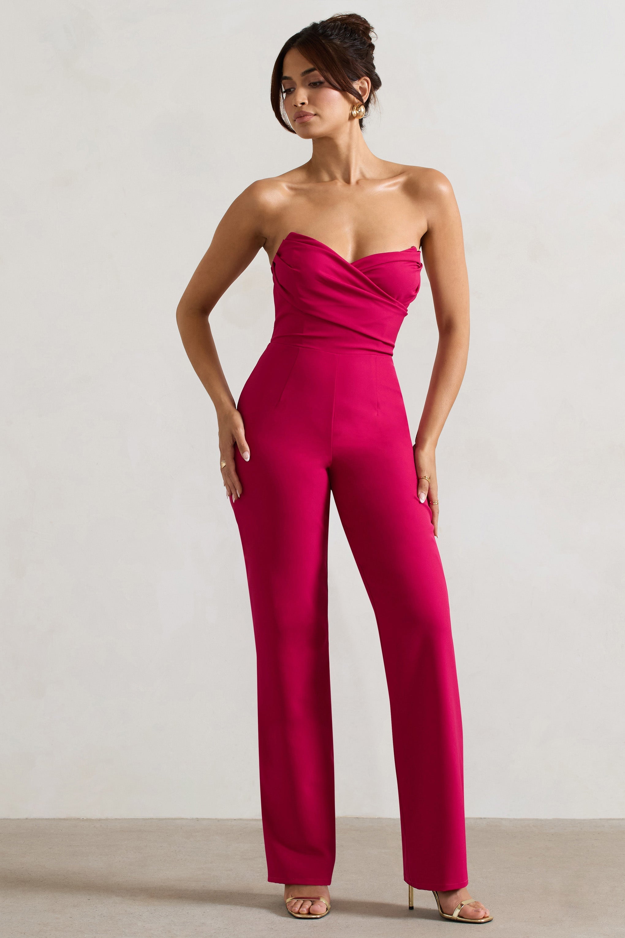 Bellezza Hot Pink Bandeau Corset Wide Leg Jumpsuit