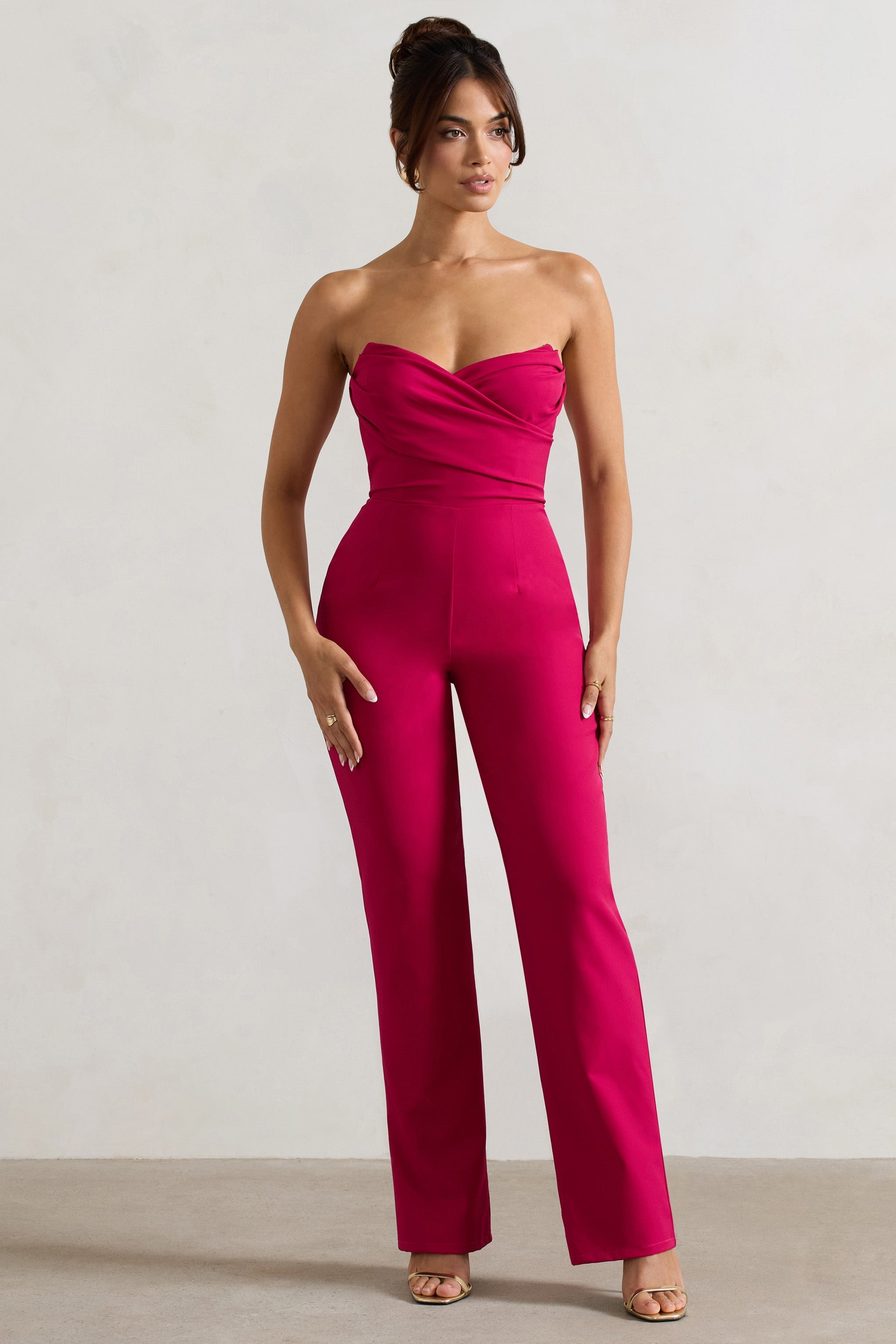 Bellezza Hot Pink Bandeau Corset Wide Leg Jumpsuit