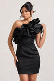 At The Opera Black Satin One Shoulder Ruffled Mini Dress