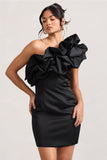 At The Opera Black Satin One Shoulder Ruffled Mini Dress