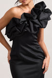 At The Opera Black Satin One Shoulder Ruffled Mini Dress