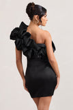 At The Opera Black Satin One Shoulder Ruffled Mini Dress