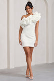 At The Opera White Satin One Shoulder Ruffled Mini Dress