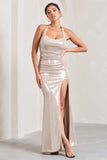 Idol Gold Metallic Halter-Neck Split Maxi Dress