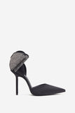 Flashing Lights Black Satin Pointed Court Heels With Diamante Bows