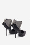 Flashing Lights Black Satin Pointed Court Heels With Diamante Bows