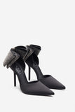 Flashing Lights Black Satin Pointed Court Heels With Diamante Bows