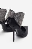Flashing Lights Black Satin Pointed Court Heels With Diamante Bows